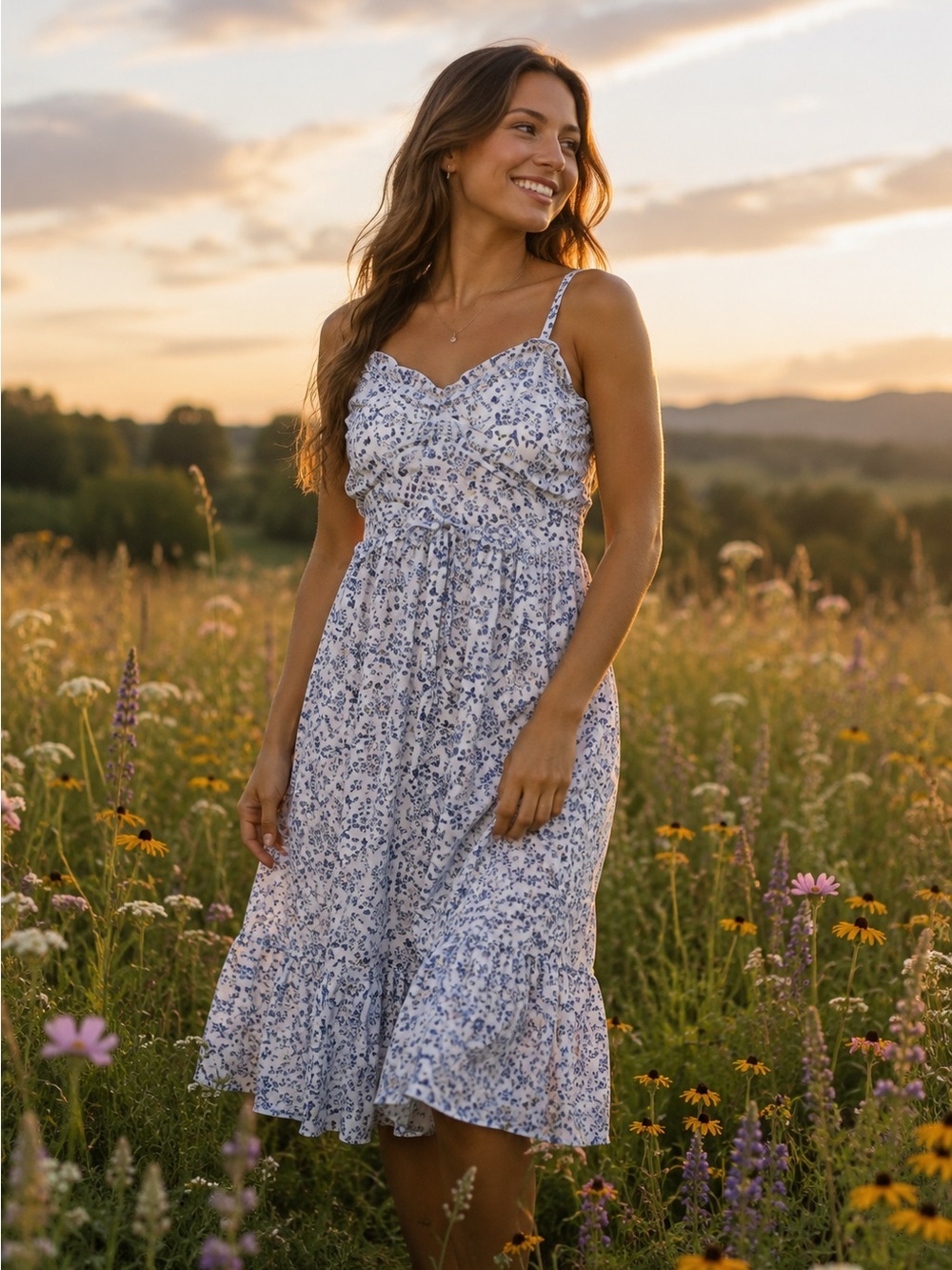 No Boundaries Blue and White Floral Ruffle Midi Dress Spaghetti Straps - Size S